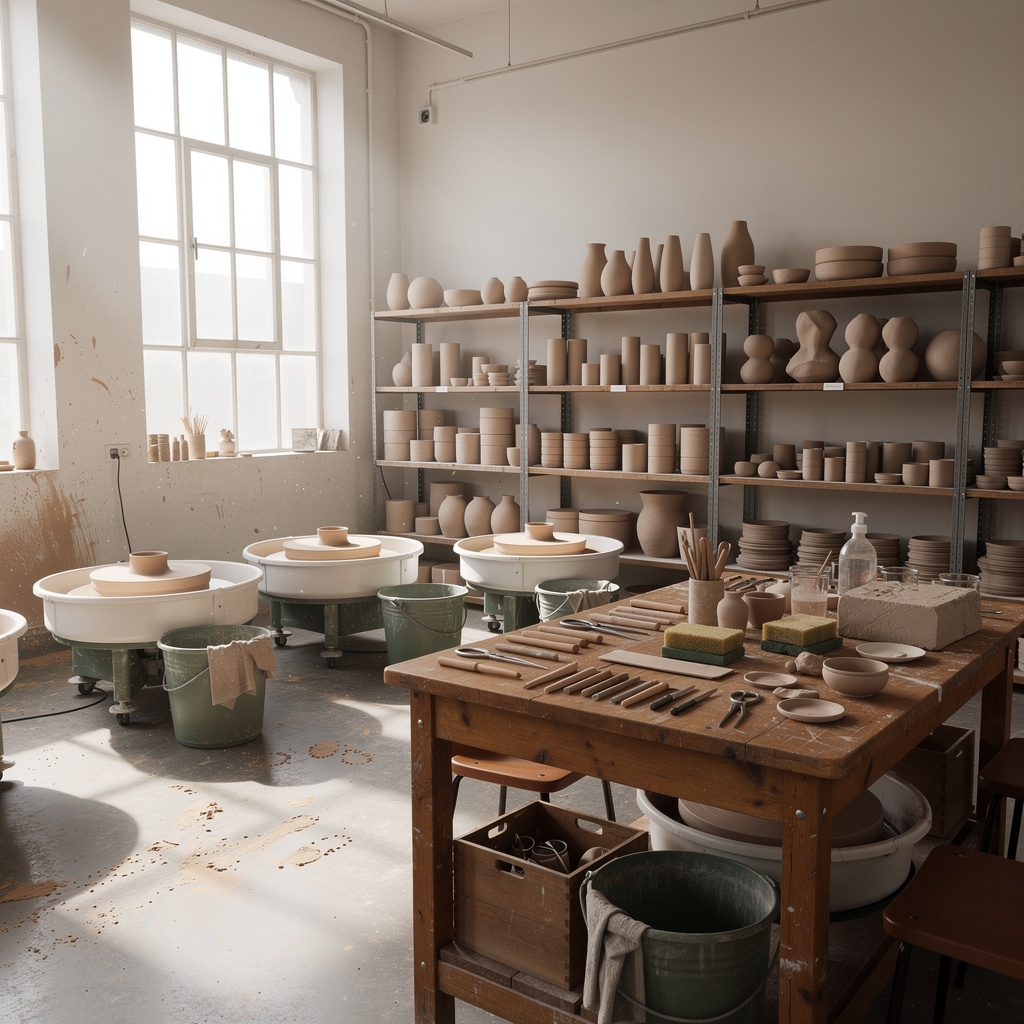 Wnętrze pracowni ceramicznej z narzędziami i gliną