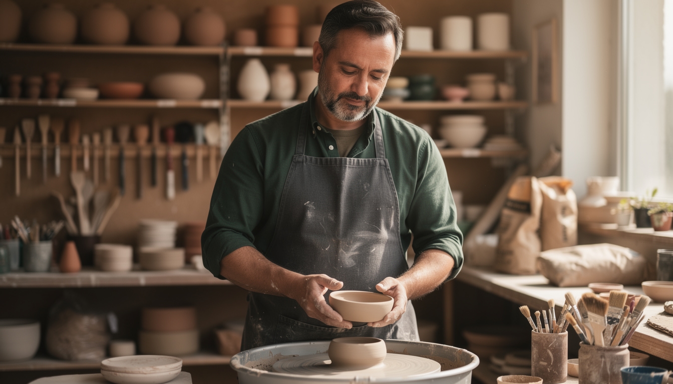 Prowadzący zajęcia ceramiczne przy pracy z gliną