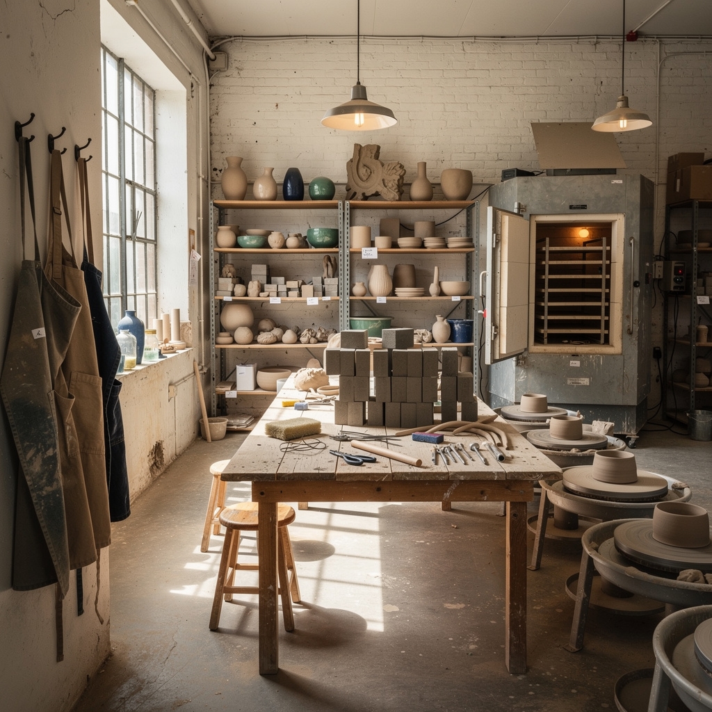 Wnętrze pracowni ceramicznej QVD z kołami i piecem